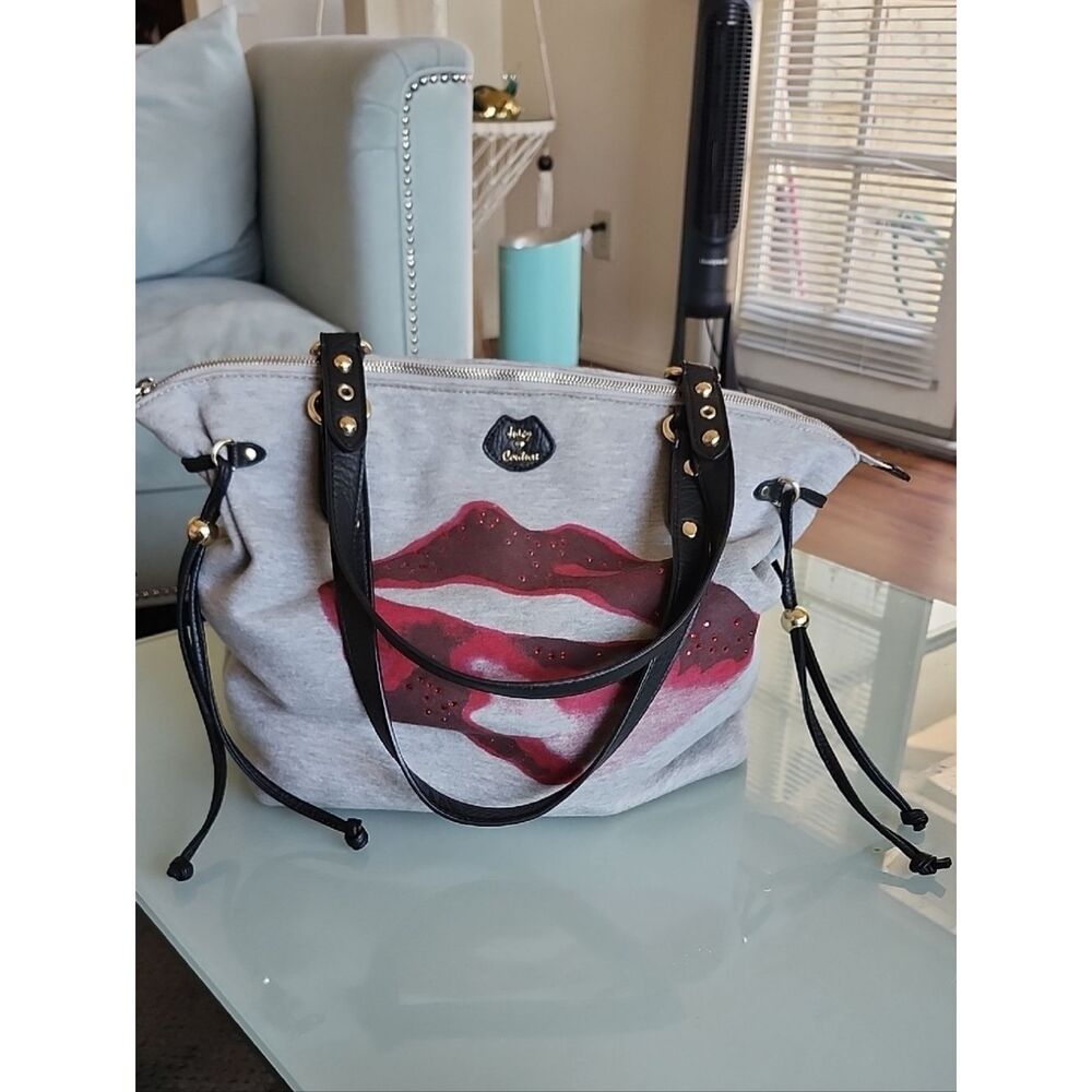 Juicy Couture Jersey Knit Barbiecore Rhinestone Lips Overnight Tote Bag - Picture 6 of 15